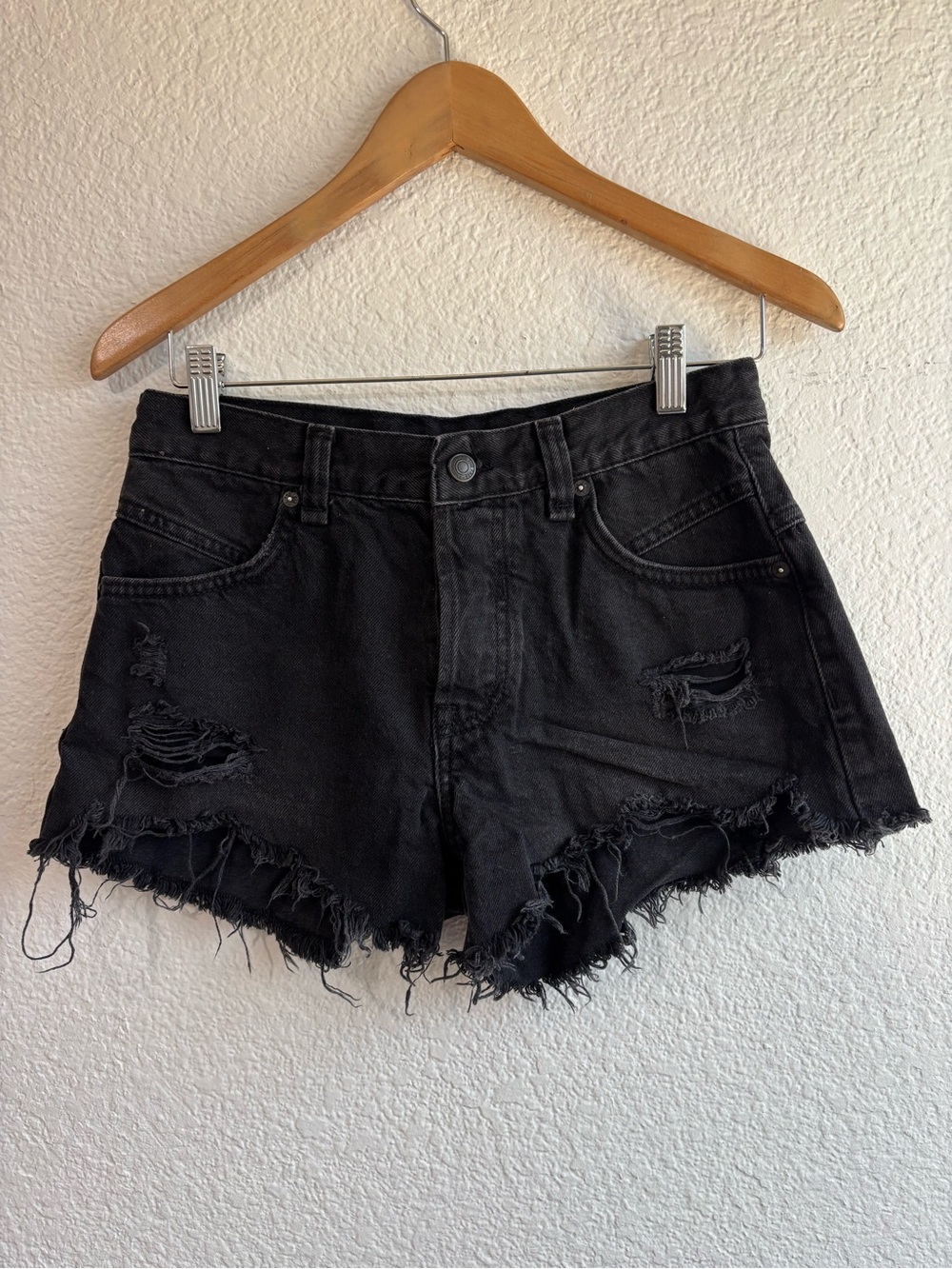 We The Free Black Distressed Denim Cutoff Shorts Button fly Size 25
